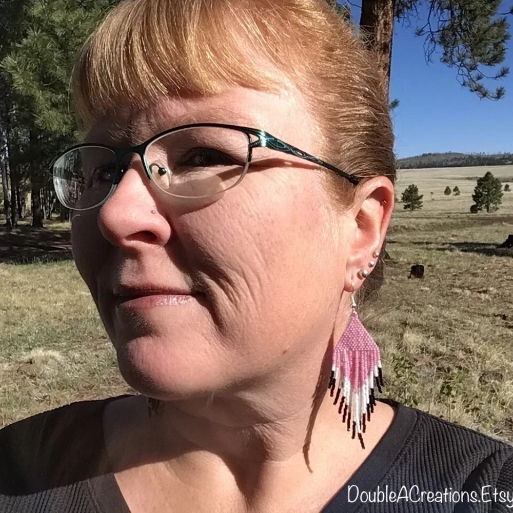 Pink and Black Beaded Earrings with Fringe, New, Handmade By Me - Picture 8 of 8